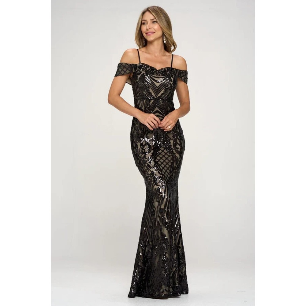 Black Ricarica Large Long Damask Evening Dress Special Event Date Night Formal L